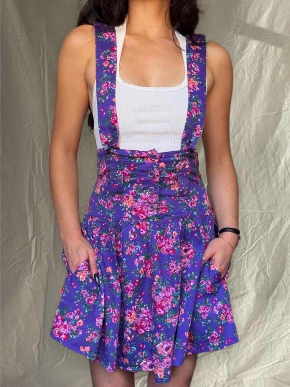 Purple Floral Pinafore Suspender Dress